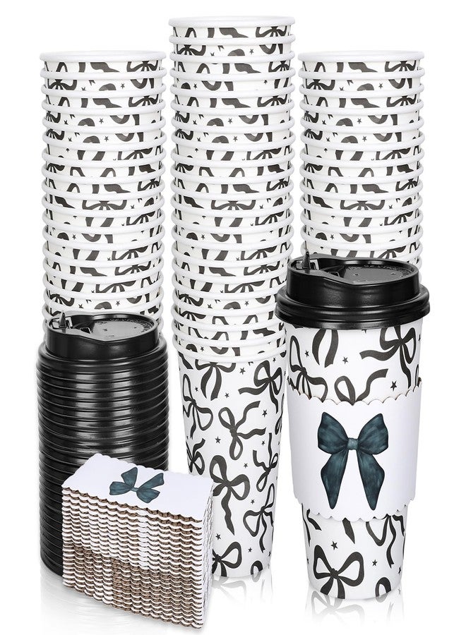 JarThenaAMCS مجموعة جارثينا إيه إم سي إس، ٥٠ قطعة من أكواب القهوة الورقية السوداء المزينة بفيونكة، مع أغطية وأكمام، أكواب "فيونكة ماجيك كوكيت" سعة ١٦ أونصة، أكواب للاستخدام مرة واحدة للمشروبات الساخنة والباردة، لوازم حفلات الهالوين وأعياد الميلاد والعطلات وحفلات توديع العزوبية - Image 1